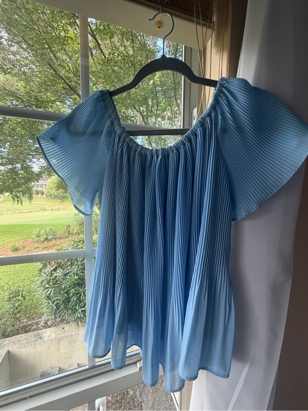 Anthropologie Sky Blue Pleated Off-Shoulder Tunic